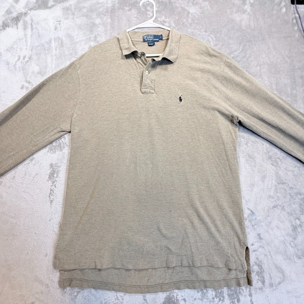 Polo Ralph Lauren Men's Long Sleeve Polo Shirt Khaki Beige Cotton Size Large - Picture 4 of 9